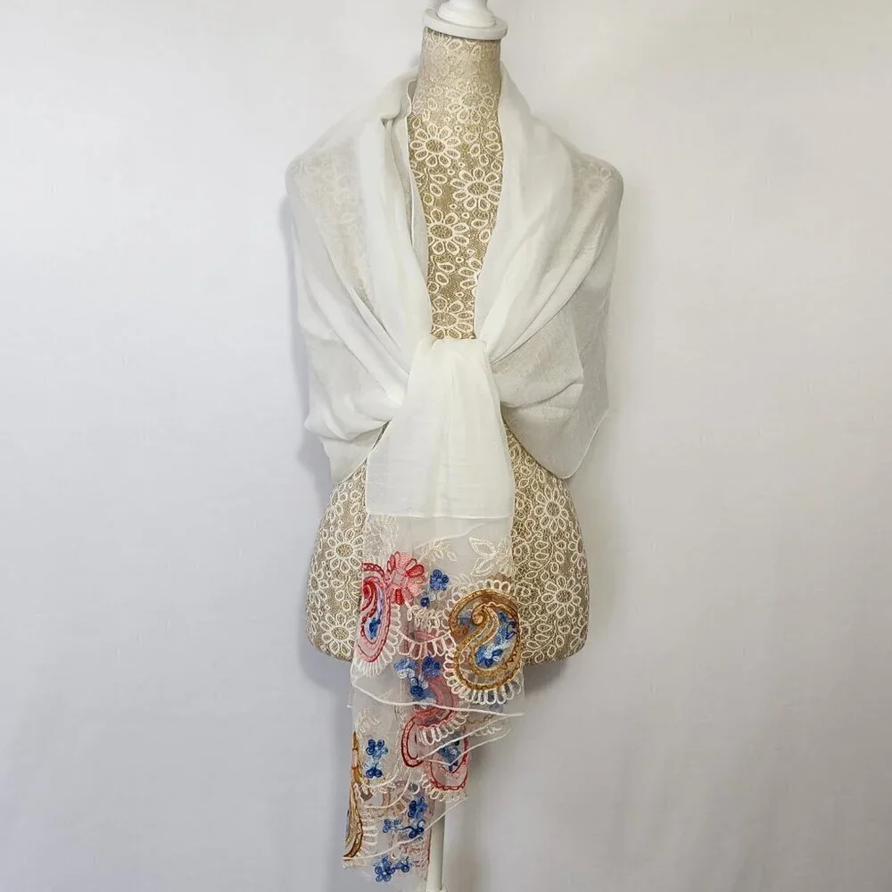 Scarf Women's Rectangle White Detailed Floral Embroidered Linen Blend Boho City